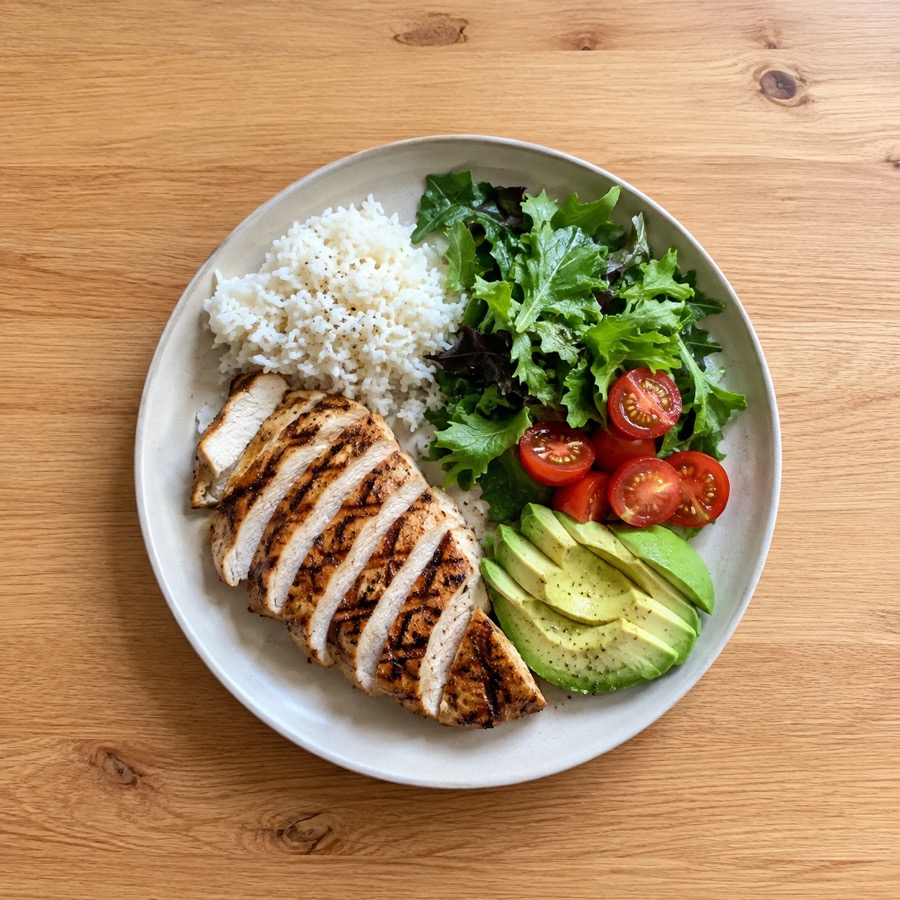 Sample chicken, rice, avocado and salad meal.